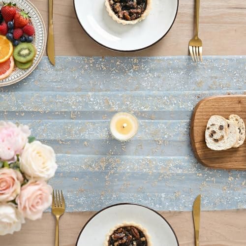 Artoid Mode 6PC Gold Gauze Light Blue Table Runner 120 Inch 10FT, Glitter Metallic Foil Sheer Dining Wedding Anniversary Holiday Birthday Table Decor for Home Party - Image 3