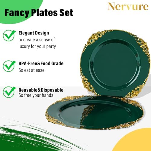 Nervure 175Pcs Green Plastic Plates, Disposable Party Plates for 25 Guests - Image 6