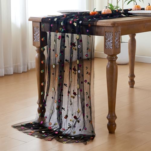 JIALE Black Floral Table Runner, Embroidery Daisy Seasonal Table Decorations, 120Inch 10FT Tulle Fabric for Home Decor, Bridal Shower Wedding, Baby Shower Parties, DIY Craft - Image 5