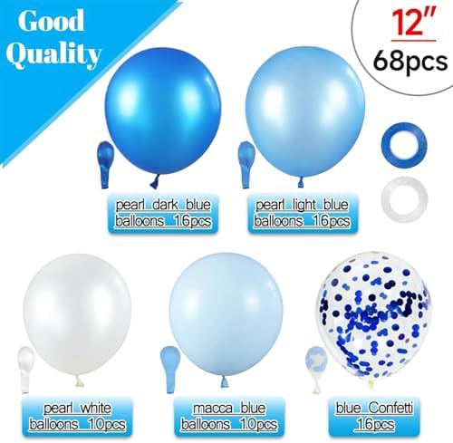 68Pcs Blue and White Balloons Kit 12 Inch, Blue Confetti Balloons Light Blue Baby Blue Pearl White Party Balloons with Ribbons for Birthday, Wedding, Baby Shower, Graduation Decorations - Image 2