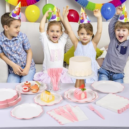 96 Pcs Pink and White Paper Plates and Napkins Set Serve for 24 Guests - Image 6