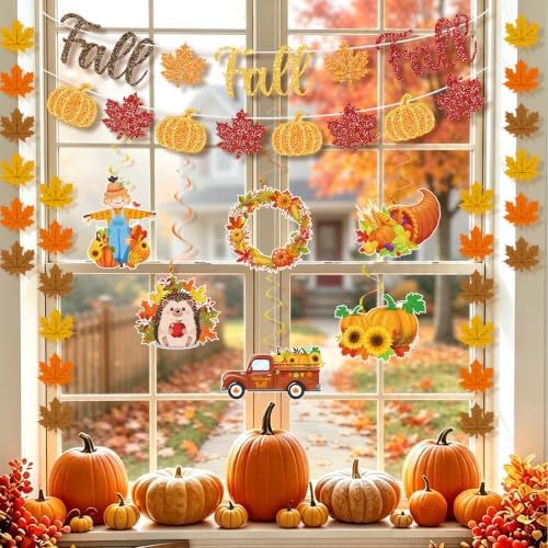 Fall Party Decorations Set Pre-Strung Fall Banner Glitter Autumn Garland Wall Decor Thanksgiving Harvest Pumpkin Maple Leaves Hanging Swirls Maple Leaves Strings for Office Classroom Home Indoor Decor - Image 5