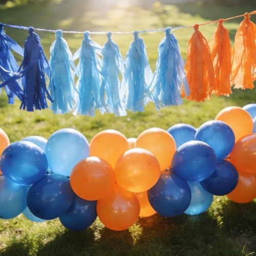 Blue and Orange Tassel Garland，Tissue Tassel Banner for Blue Orange Birthday Party Decorations,Pack of 20 - Image 4