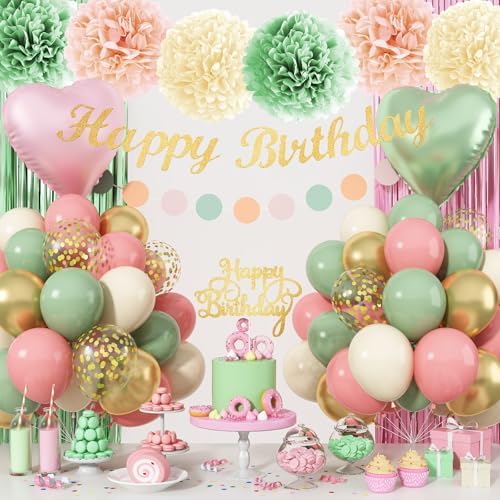 Jobkoo Sage Green Pink Birthday Decorations, Blush Pink Olive Green Gold Sand White Latex Confetti Balloons Boho Happy Birthday Banner Fringe Curtain Pompom for Women Girls Woodland Fairy Party Decor - Image 2