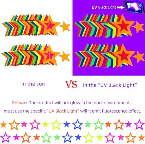 126feet UV Paper Garland Hollowed Star Neon Streamers Black Light Decorations Glow Party UV Reactive Party Favors Glow in The Dark Supplies and Decorations Wedding Birthday Banner - Image 2