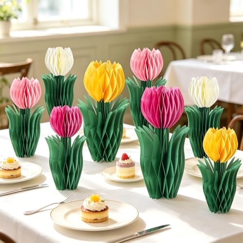 SUNBEAUTY 8 PCS Flower Honeycomb Decor Tulips Table Centerpieces Spring Decoration for Home Office Paper Flower Tulip Honeycomb Decor for Garden Party, Mother's Day Decoration - Image 5