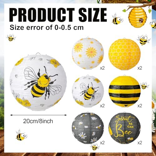 Panelee 12 Pcs Bee Party Decorations Paper Lanterns 8 Inch - Image 2