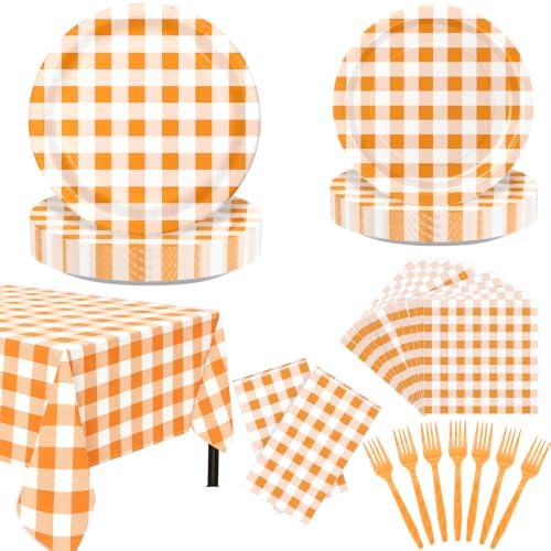 146PCS Orange Gingham Party Supplies Paper Plates and Napkins Serve 36 by AHCSMRE