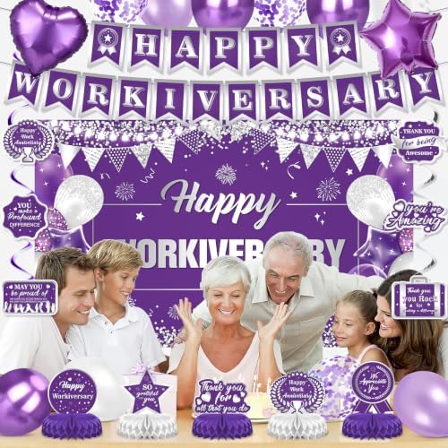Happy Workiversary Decorations for Women Purple Silver Work Anniversary Banner Honeycomb Centerpieces Hanging Swirls Balloons Set for Office Employee Worker Anniversary Appreciation Party Supplies - Image 6