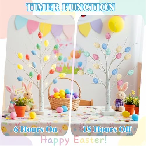 Vanthylit Easter Decorations, 2 Pack Lighted Easter Tree Battery Operated with Timer, 22 Inch LED Birch Tree with 36 Egg Ornaments Indoor Tabletop Centerpiece Light for Home Decor - Image 3