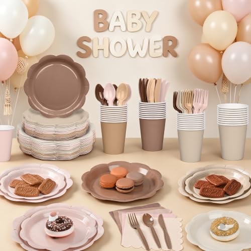 350 Pcs Baby Shower Decoration - Neutral Gradient Brown Plates and Napkins Tableware Set Include Scalloped Paper Plate Napkin Cup & Cutlery for Baby Shower, Wedding, Birthday, Espresso Martini Theme - Image 4