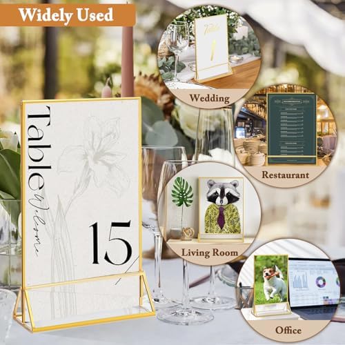 Floroom 2 Pack 5x7 Inch Clear Acrylic Sign Holders, Gold Border Double-Sided Vertical Picture Frames & Display Stands for Table Numbers, Photos, Menus, Flyers, Weddings, Parties & Events - Image 5