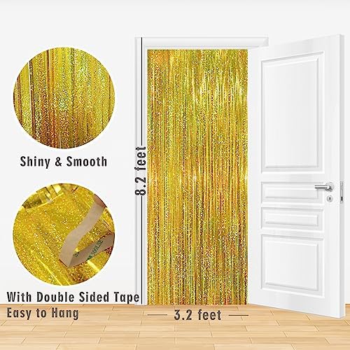 GOER 3.2 ft x 8.2 ft Metallic Tinsel Foil Fringe Curtains Party Photo Backdrop Party Streamers for Birthday,Graduation,New Year Eve Decorations Wedding Decor (3 Packs,Laser Gold) - Image 6
