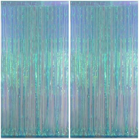 Melsan Iridescent Blue Fringe Backdrop Party Streamer Decorations - 3.2 x 6.5 ft Tinsel Backdrop Foil Curtains for Gender Reveal Under The Sea Ocean Theme Birthdays Parties - 2 Packs by Melsan