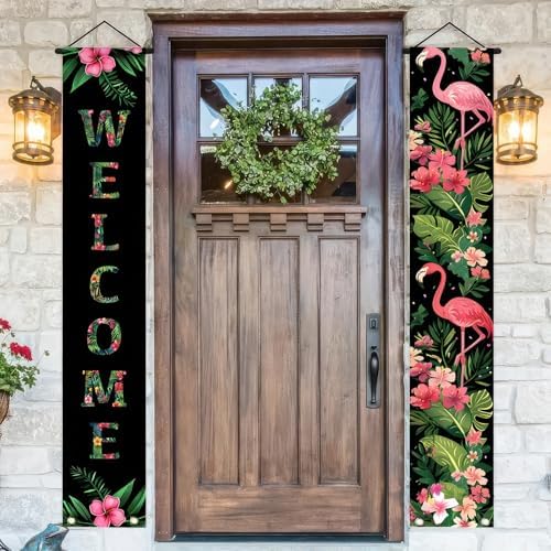 BlissYard 2pcs Black Pink Flamingo Door Banner Summer Hawaiian Porch Banners Sign Sunshine Hibiscus Floral Front Door Hanging Decor Banner for Seasonal Home Hawaii Tropical Party Outdoor Decorations by BlissYard