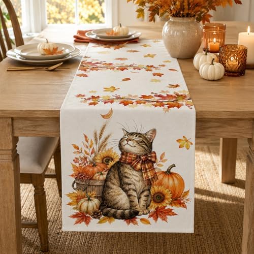 Fall Table Runner Pumpkins Cat Maple Leaf Autumn Harvest Seasonal Thanksgiving Decorations for Home Kitchen Dining Room Party Decor，13x90inch - Image 5