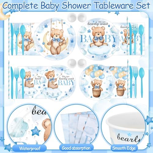 450 Pcs Bear Baby Shower Tableware Set, Serve 50, Blue - Image 3
