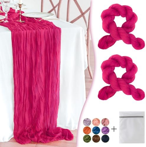 Hot Pink Cheesecloth Table Runner 2 Pack 35" Boho Gauze Table Runner 120 inches Long Runner Rustic Sheer Fabric Bulk for Baby Shower Wedding Bridal Birthday Party Table Decorations by Waligoy