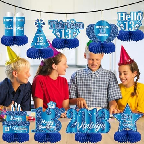 9Pcs 13th Birthday Decorations Blue Silver 13th Birthday Party Decorations for Teens Boys Girls,Happy 13 Years Birthday Honeycomb Centerpieces Table Sign Decor Supplies - Image 6
