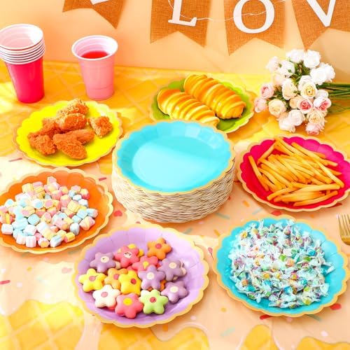 48 Pcs Neon Colorful Paper Plates 9 Inch Scalloped - Image 5