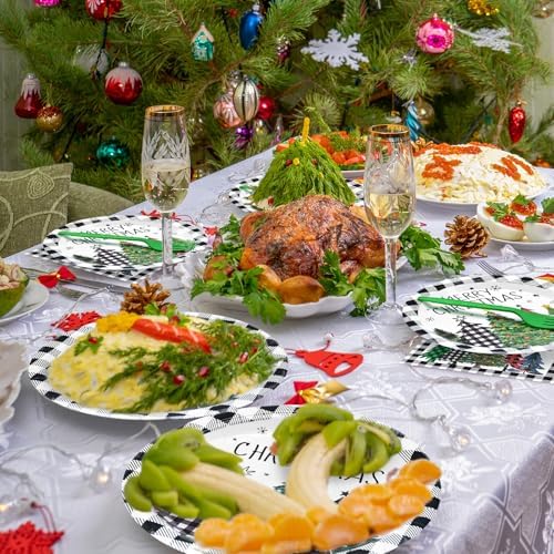 96 Pieces Christmas Tree Tableware Party Supplies – Black and White Buffalo Plaid Disposable Dinnerware with Paper Plates, Napkins, and Plastic Forks for Rustic Winter Celebration – Serves 24 - Image 5