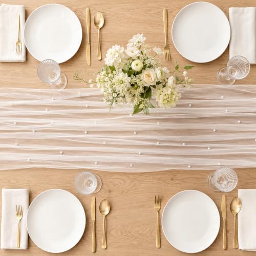 4 Pcs Pearl Table Runner 29x72 Inch White Tulle Wedding Table Decor - Image 4