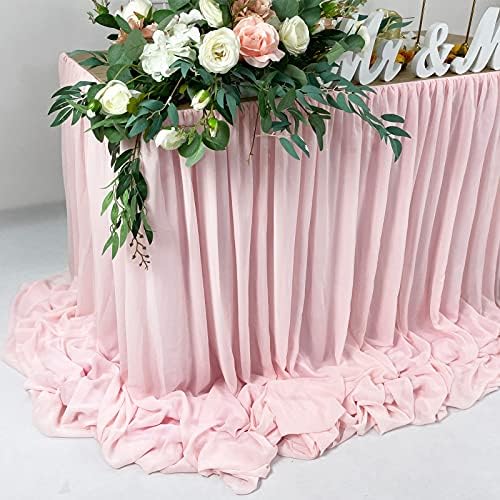 Pooling and Floating Chiffon Table Skirt with extra length, 6FT 9FT 14FT Sheer Tablecloth, Baby Shower, Birthdays Party, Main Cake Table Decoration, Wdding Table Skirt (Blush Pink, 14FT) - Image 3