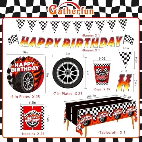 Birthday Decorations Kit: Car Theme Party Supplies for 25 - Includes Dinner & Dessert Plates, Napkins, Cups, Banner and Tablecloth for Boys' Racing Car Birthday Party Decorations - Image 2