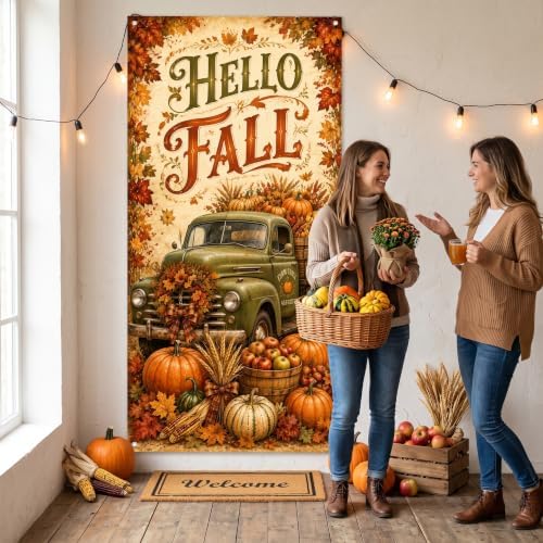 Hello Fall Door Banner 35 x 71 Inch Autumn Front Door Hanging Cover with Green Farm Truck Pumpkins Sunflower Maple Leaves Backdrop Design for Indoor Outdoor Farm Harvest Thanksgiving Party Supplies - Image 7