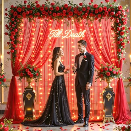 10ft x 10ft Red Tulle Photo Backdrop Curtain with Lights String for Christmas Party Red Sheer Curtain Backdrop Drapes for Birthday Party Wedding Holiday Photo Booth Background Home Room Decorations - Image 3