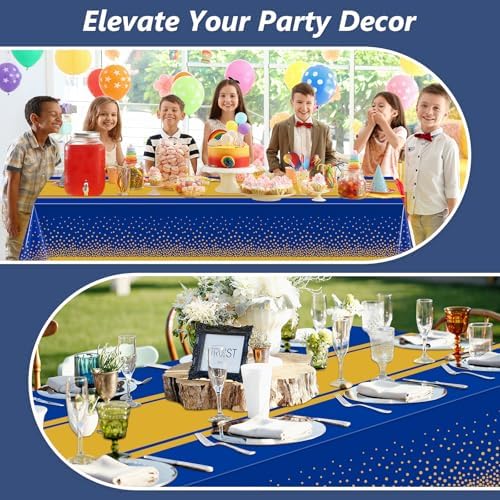 LANLISA Blue and Gold Tablecloth Graduation Decorations 2025 2 Pack, Disposable Plastic Table Cloths for Birthday Masquerade Retirement Party Decor - Image 6