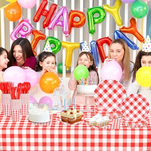 WNINK 176 PCS Red Gingham Plates and Napkins, Red Checkered Disposable Plates Set with Napkins Cups Plastic Spoons Forks Knives for Dinner Birthday Baby Shower Wedding Supplies Serve 25 Guests - Image 4