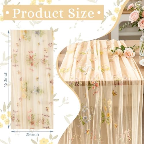 BINBE 1pcs Champagne Florals Table Runner Embroidery Gauze 10FT Daisy Seasonal Tulle Birthday Wedding Holiday Kitchen Dining Table Decor for Home Party - Image 2