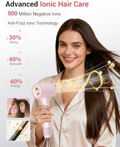 Ionic Hair Dryer, 150,000 RPM High-Speed Professional Blow Dryer for Fast Drying, 500M Negative Ions & Thermo-Control, Magnetic Nozzle, Low Noise & Lightweight for Home and Travel, Pink - Image 3