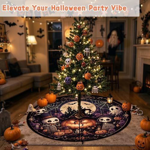 48 Inch Halloween Tree Skirt Pumpkin Ghost Skull Spooky Carpet Mat Decor - Image 7