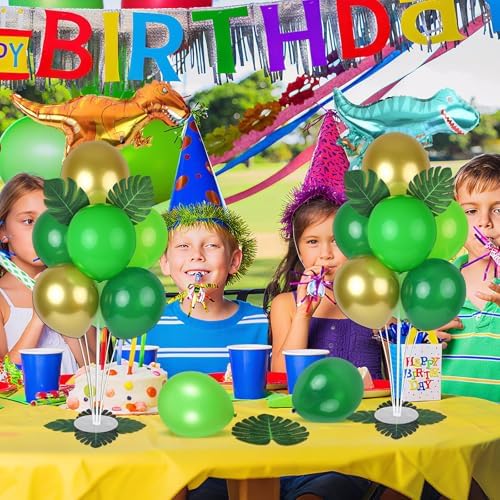 6 Sets Jungle Safari Balloon Stand Kit for Table Gold Green Balloons Dinosaur Party Tables Centerpiece with Palm Leaves for Animal Wild One Birthday Baby Shower St Patricks Day Party Supplies - Image 2