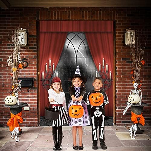 Renaiss 3x5ft Vintage Gothic Window Backdrop Red Curtain Candlestick Black Floor Lightning Stormy Sky Vampire Medieval Castle Photography Background Halloween Dress Up Party Decors Photo Booth Props - Image 2