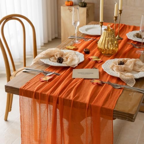 2Pcs Fall Orange Cheesecloth Table Runner 120 Inch Party Home Decor - Image 2
