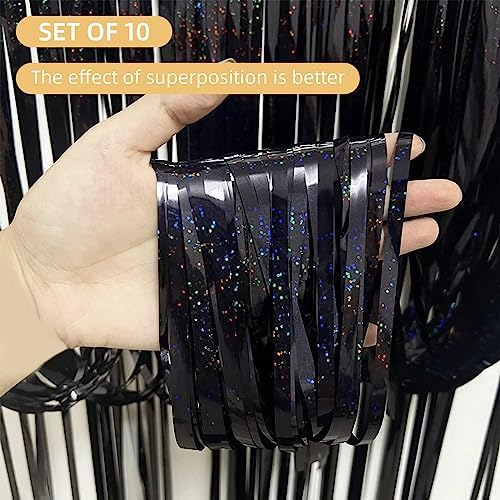 10 Pack Black Backdrop Curtain 3.2ft x 8.2ft Metallic Tinsel Foil Fringe Curtains Photo Booth Background for Birthday Party Decoration Baby Shower Engagement Wedding Christmas Decoration (Black) - Image 2