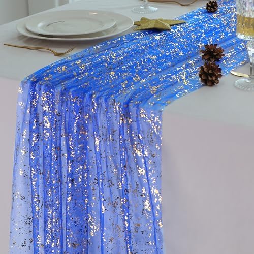 Royal Blue Gold Table Runner Glitter Decorations Sheer Gauze 10 Ft by Snowkingdom