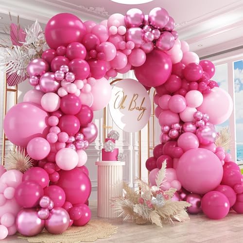 412Pcs Pink Balloon Garland Arch Kit,18 12 10 5 Inch Hot Pink Balloons Metallic Magenta Latex Balloons for Birthday Shower Princess Theme Party Wedding valentines Background Decorations by PAXILE
