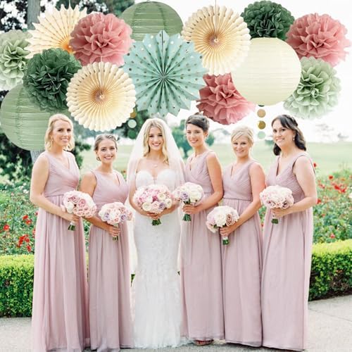 Sage Green and Dusty Pink Party Decorations Green & Pink Party Decor Sage Tissue Pom Poms Paper Lanterns Beige Paper Fans for Women Girls Birthday Wedding Bridal Shower Baby Shower Party Decor - Image 3