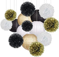 Paper Lanterns Paper Pom Poms Black and Gold Party Decorations 15pcs by zilue
