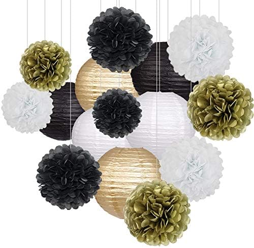 Paper Lanterns Paper Pom Poms Black and Gold Party Decorations 15pcs by zilue