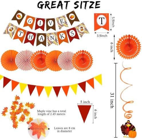 Fecedy Give Thanks Pumpkin Maple leaf Paper Banner Triangle Flag Bunting Maple Leaf Hanging Garland Paper Fan Flower Swirl Streamers for Thanksgiving Day Party Decoration - Image 2