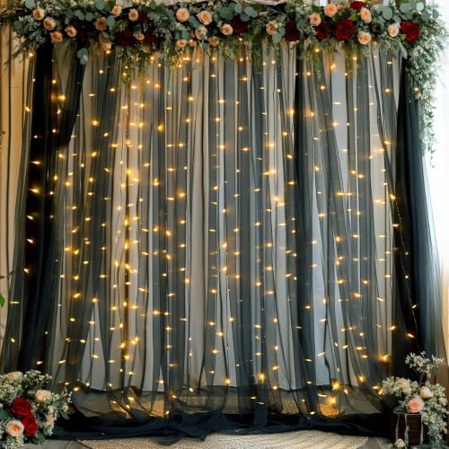 Black Backdrop Curtains with Lights String for Parties Wedding Bridal Shower 10×10ft Sheer Tulle Backdrop Curtain Panels for Baby Shower Birthday Party Photo Shoot Background Wall Decorations by Suppromo