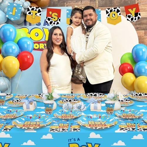 Boy Story Baby Shower Decorations, 25 Guests Includes Cardstock Plates Tableware | Tablecloth | Banner | Balloons | Cake Topper for It’s a Boy Story Baby Shower Themed Party Decorations - Image 3