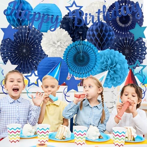 Navy Blue Birthday Party-Decorations - 29pcs Blue Party Decorations for Men Boys, Happy Birthday Banner Paper Streamers Lanterns Tissue Pom Poms - ZERODECO - Image 7