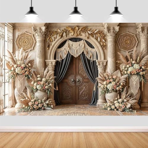 10X8fT Boho Floral Wedding Backdrop Retro Palace Elegant Flowers Background Photography Luxurious Wedding Bridal Shower Party Banner Photo Booth Props Anniversary Backdops by NYMB