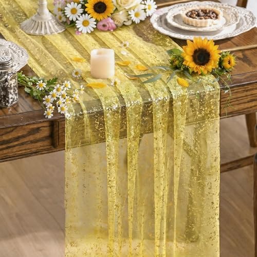 Artoid Mode Light Yellow Gold Gauze Table Runner 120 Inch 10FT, Glitter Metallic Foil Sheer Dining Wedding Anniversary Holiday Birthday Table Decor for Home Party by ArtoidMode
